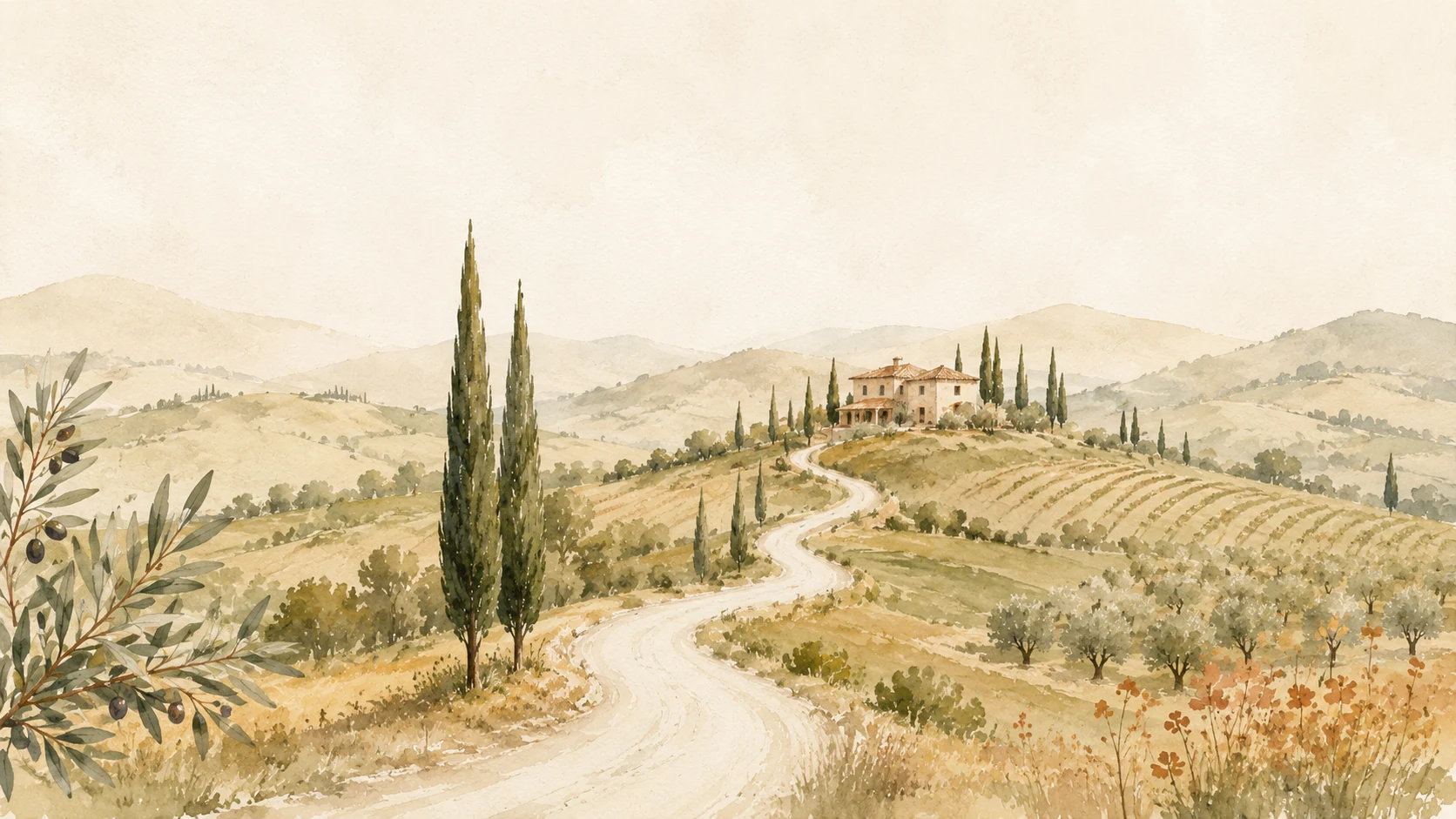 Watercolor Tuscany guide hero with landscape, food, wine and local details